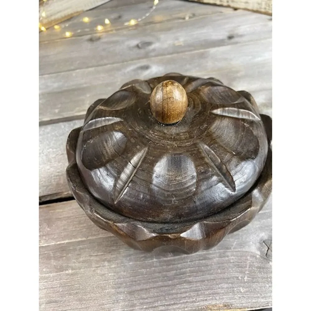 Round Wood Carved Trinket Jewelry Rings Watches Box Made In Spain With Lid